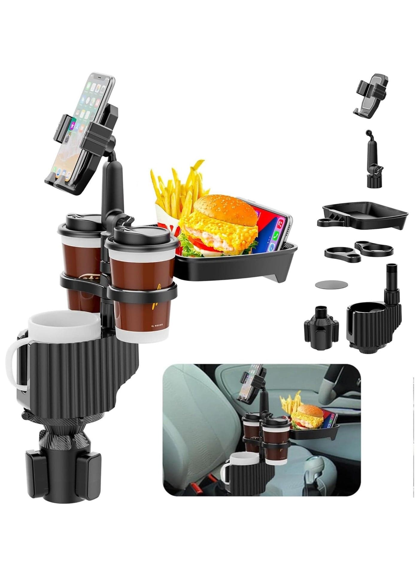 Car Phone Holder Cup Tray,Upgrade 5-in-1 Removable Expander Car Food Tray,Car Cup Holder Phone Mount,Three Cup Holders and Width Adjustable Swivel Phone Holder,Road Trip Driver Gifts for Men Women
