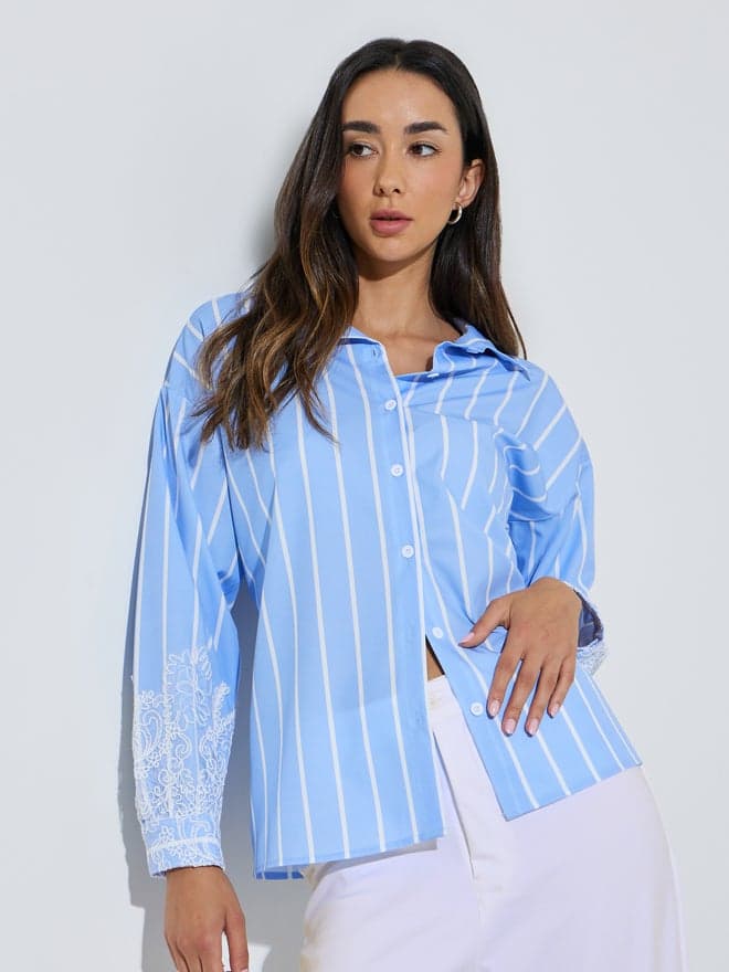 Styli Blue Lace Trim Striped Oversized Casual Shirt
