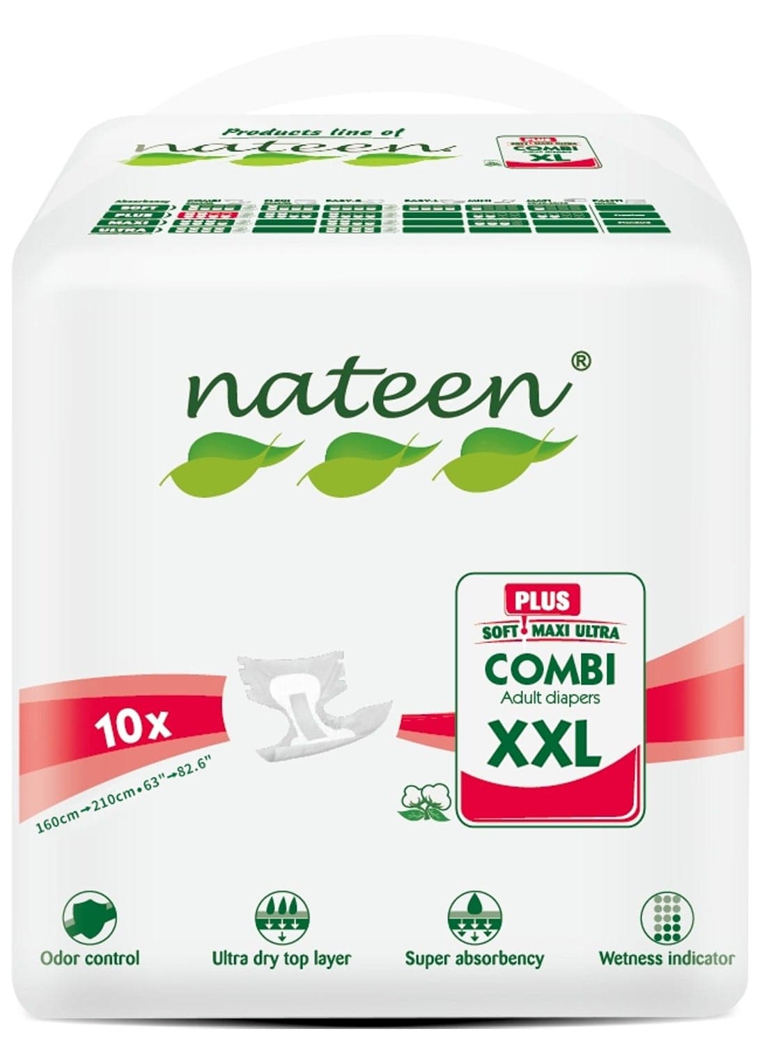 Combi Plus Nateen Adult Diaper,size XXL,Waist Size 160-210cm,10 Count Adult Diapers,With Super Absorbent Layer,Leak Guard,3500ml Absorbency.