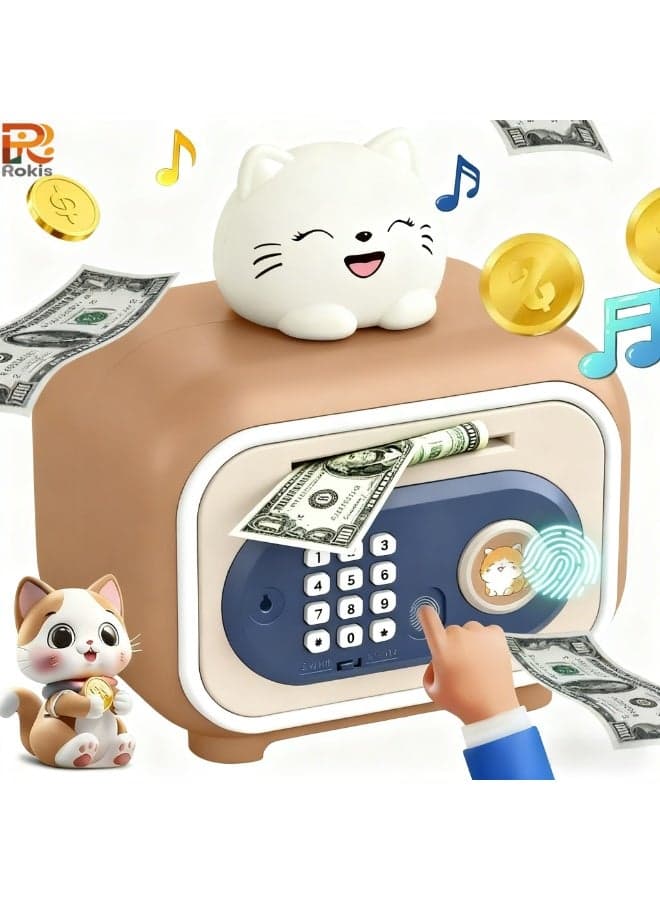 Electronic Money Bank for Kids– Smart Piggy Bank with Automatic Bill Grab, Password Lock,Fingerprint Lock, Coin Storage & Sound Effects, Educational Toy for Financial Learning & Saving Habits(Smiley Cat, Brown)