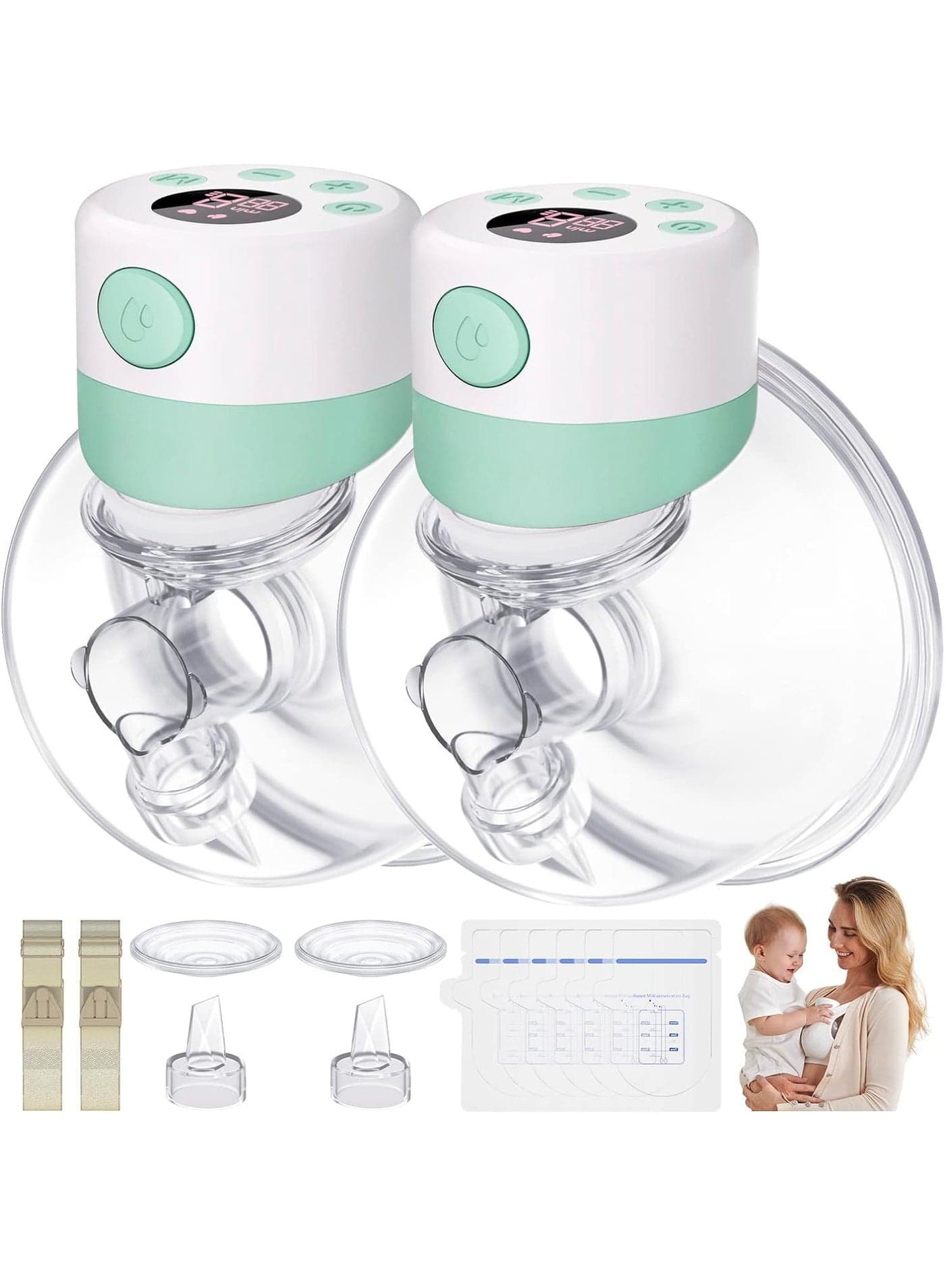 2 Hands-Free Wearable Electric Breast Pump with LCD Display, 9 Levels and 2 Modes Rechargeable with Massage Mode Green