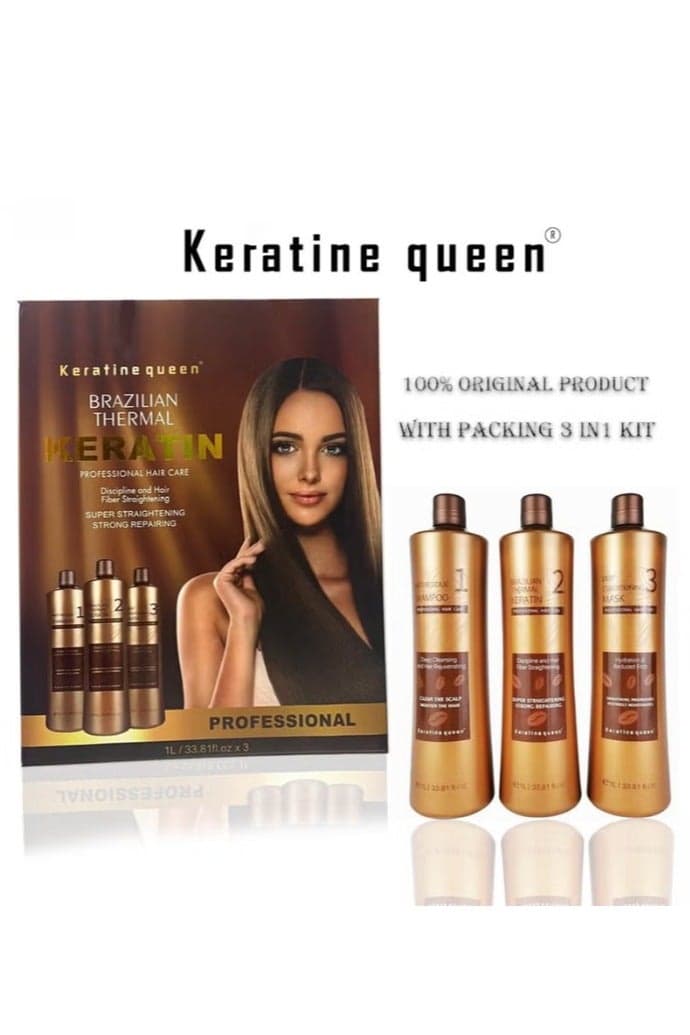 Keratine Queen Brazilian Thermal Keratin Treatment 3-in-1 Kit – Professional Hair Straightening, Frizz Control & Deep Repair System