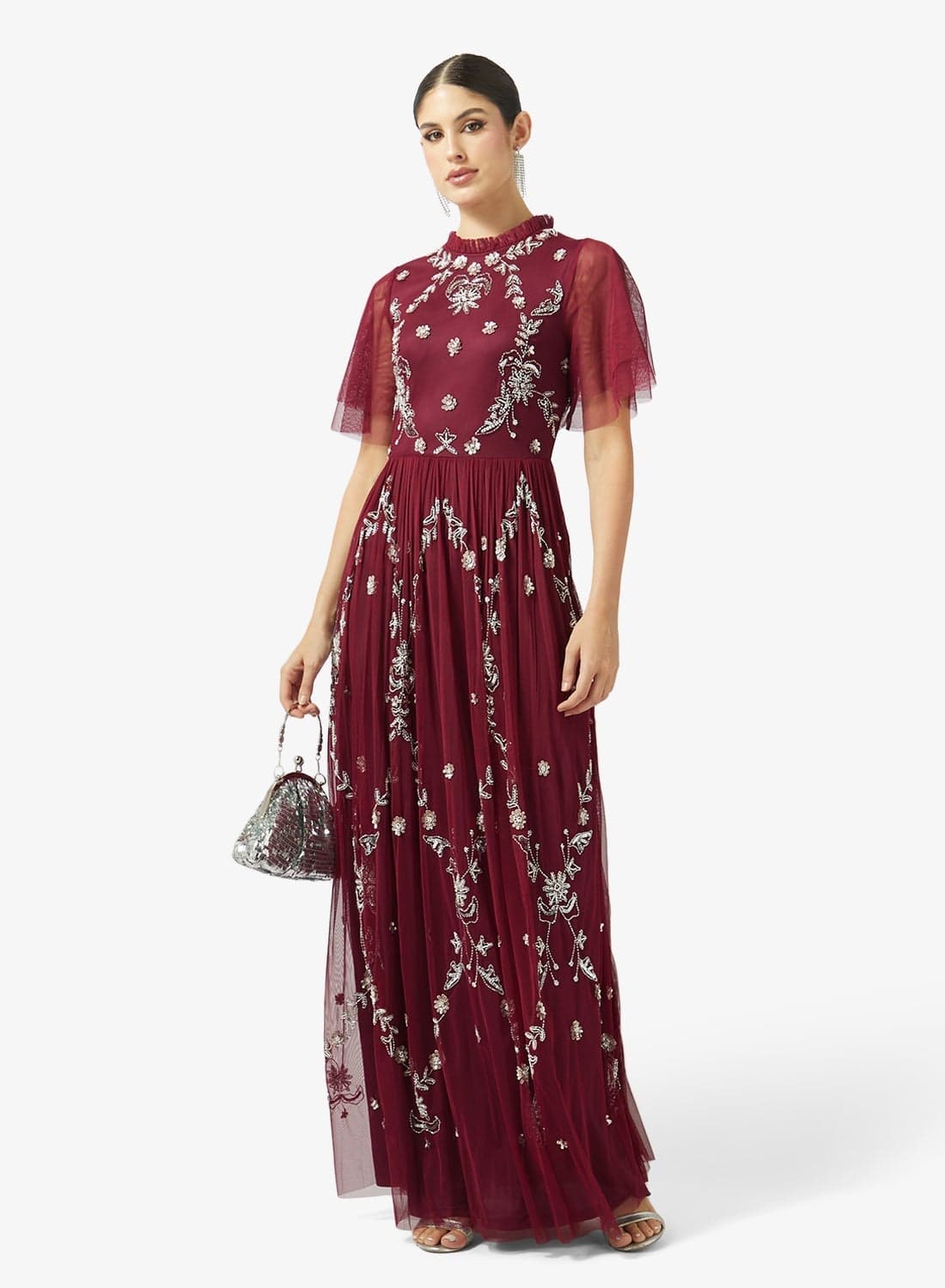 Embroidered Mesh Short Sleeve Maxi Dress