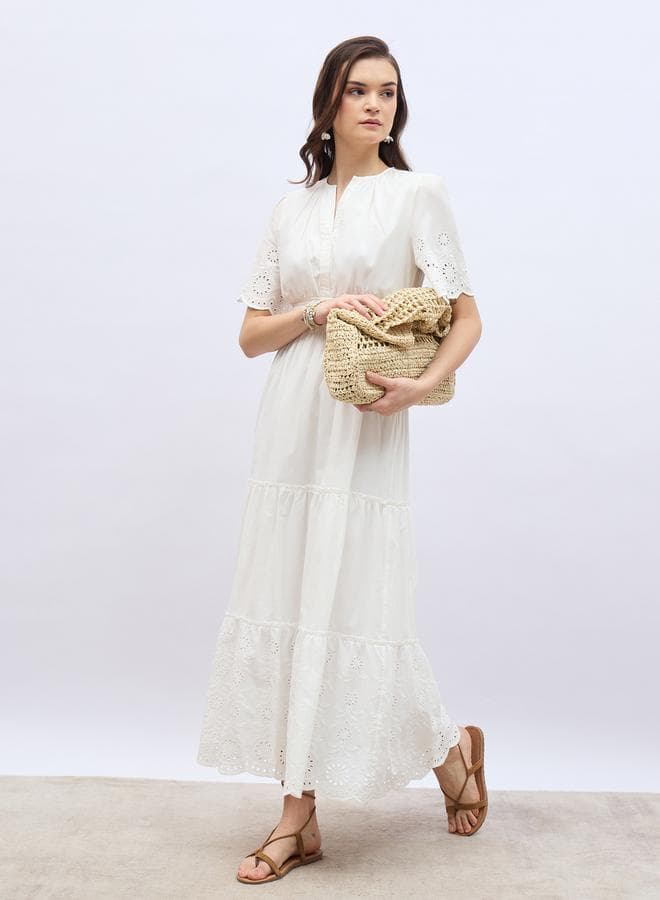 Styli Schiffli Trim Smocked Detail Tiered Maxi Dress
