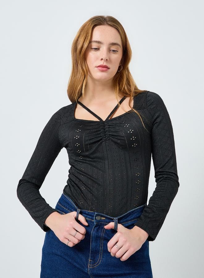 Women Solid Square Neck Hollow Lace Top