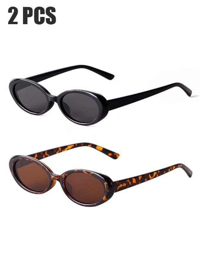 2 PcsTrendy Retro Oval Sunglasses for Women, 90s Small Y2K Fashion Vintage Narrow Sun Glasses