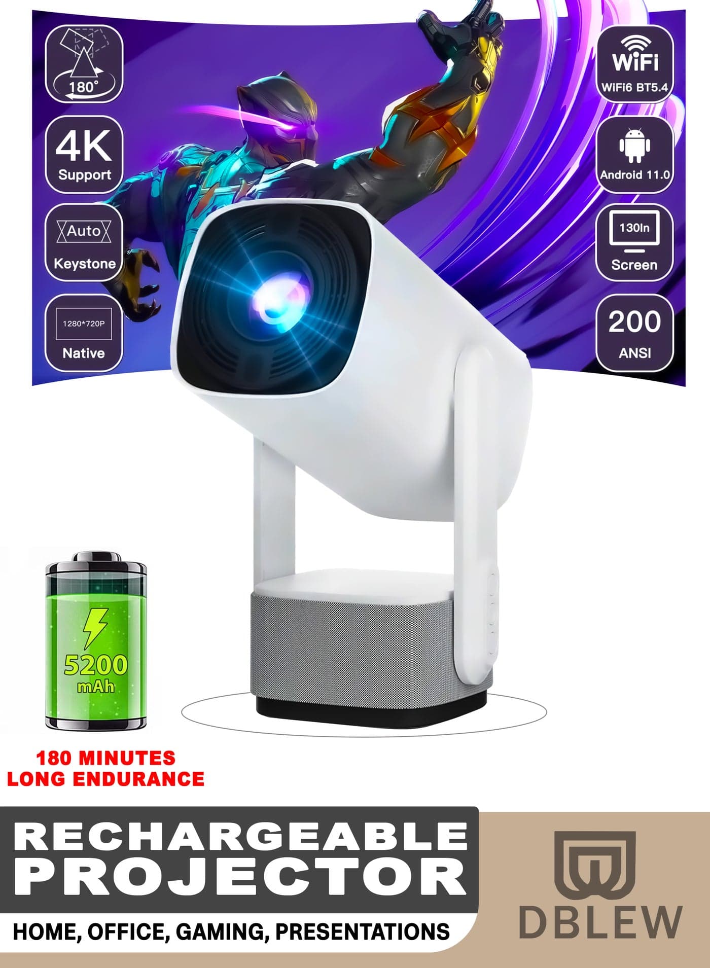 Rechargeable 5000 Lumens HD Smart Projector Portable Mini Cinema 150 Inches Screen Display Home Movie Theatre Gaming Video Presentations 230 Degree Rotating Screen Mobile Phone Projection