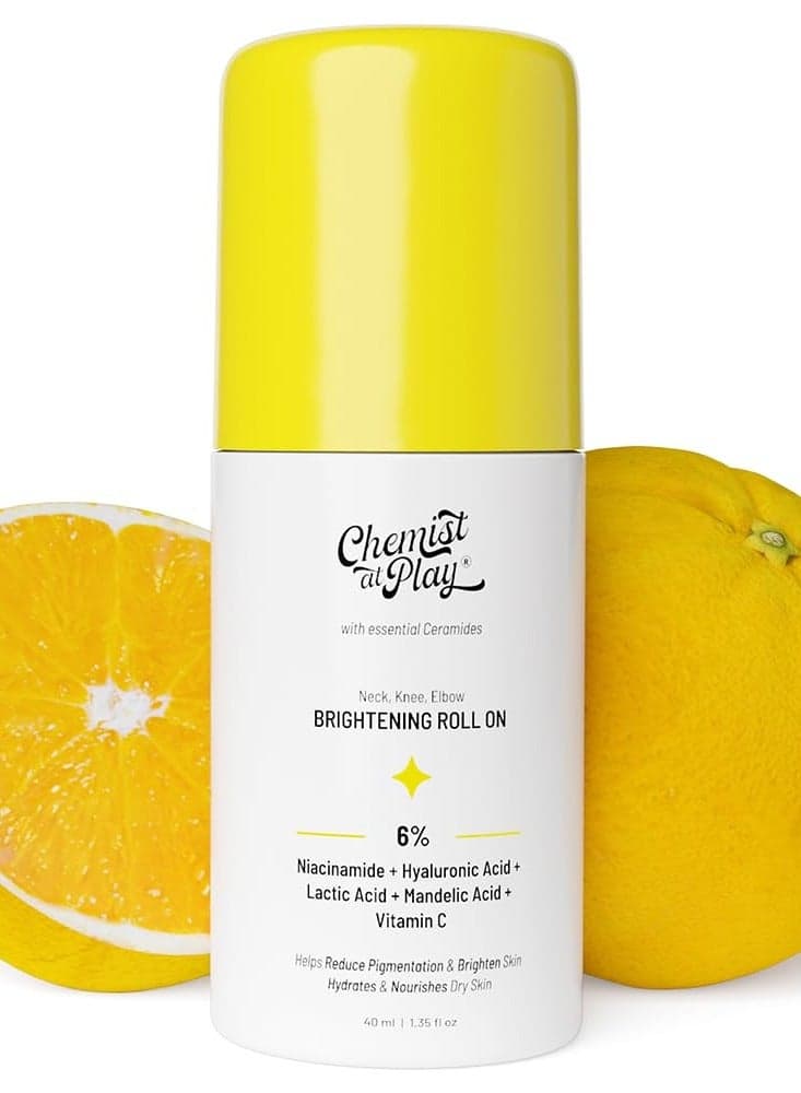 Brightening & Whitening Roll On Serum For Neck, Knee & Elbow With 6% Vitamin C+ Hyaluronic Acid + AHAs + Niacinamide + Ceramides | Removes Pigmentation & Hydrates Dry Skin | 40ml