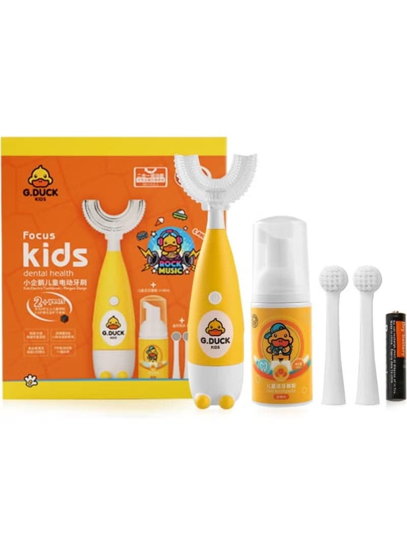 Yellow Duck Kids 2-in-1 Electric Toothbrush & Sonic Toothbrush Set | U-Shaped & Round Brush Heads | 30,000 VPM Gentle Sonic Cleaning | IPX7 Waterproof, Battery-Powered | Includes Foam Toothpaste & AAA Battery for Boys & Girls 2-12 Years