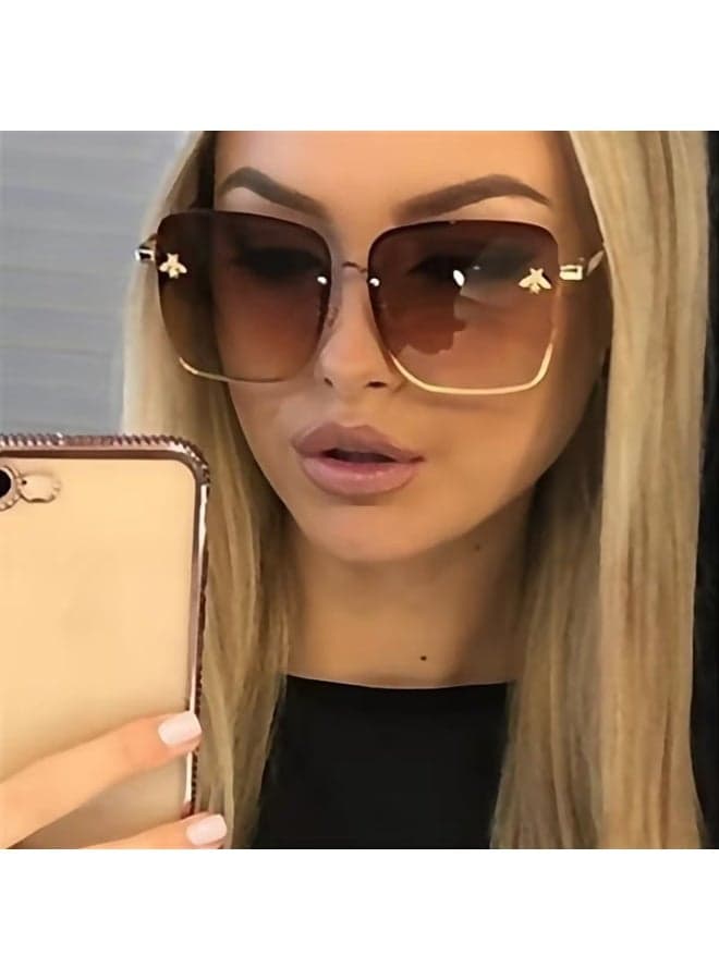 Fashion Square Glasses with Bee Detail, Metal Frame, Gradient AC Lens, Unisex Eyewear, Metal Hinge Decorative Glasses