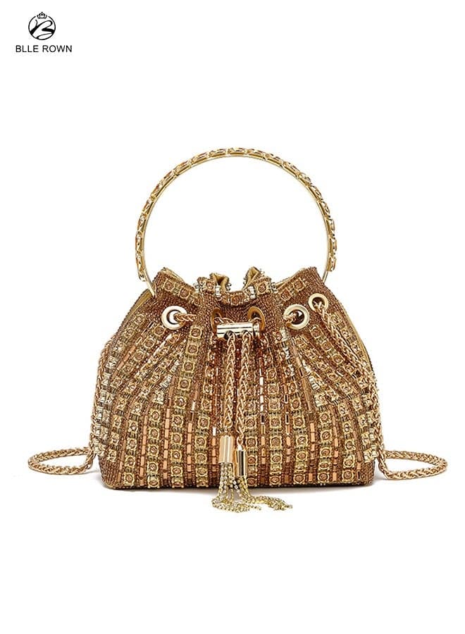 Sparkling Golden Luxury Women Handbag Elegant Diamond Evening Bucket Bag with Chain Fashion Rhinestone Purse Glitter Crossbody Bags for Ladies for Evening Party for Wedding