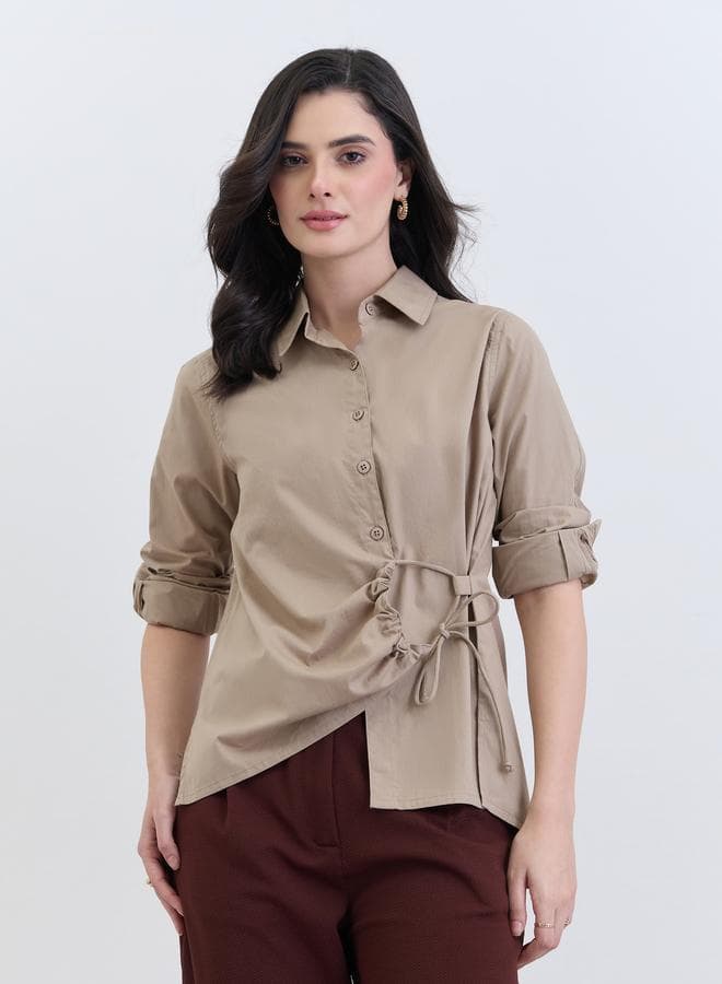 Women Beige Cotton Long Sleeve Tie-Waist Shirt