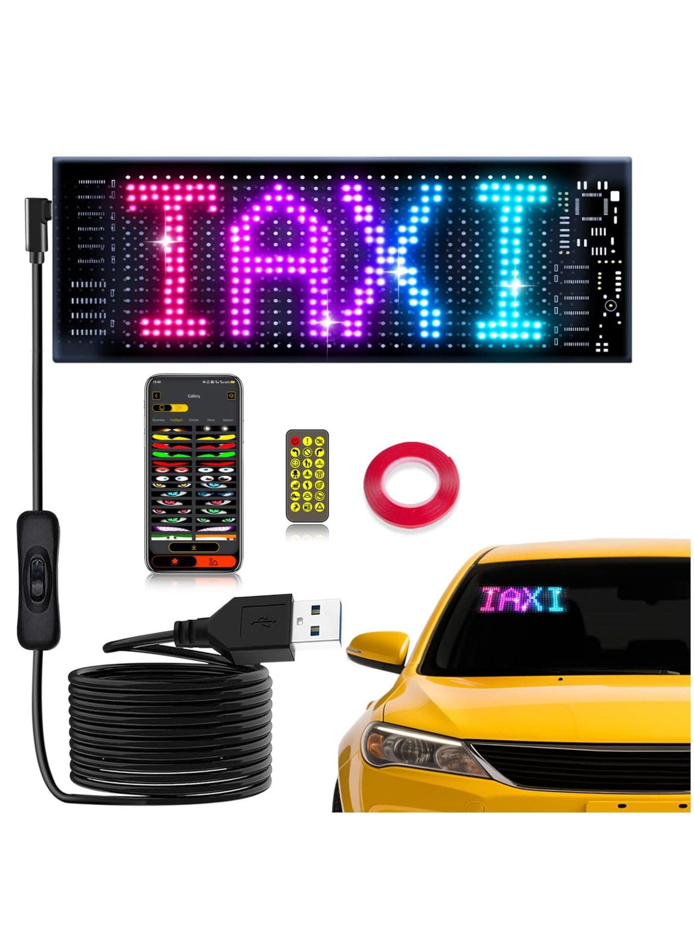 LED Light for Cars, 2.8” x 6.8” Programmable Scrolling LED Sign, Flexible Digital Matrix Display, Bluetooth & Remote Control, Customizable Text & Animations for Car Windows & Business Signs