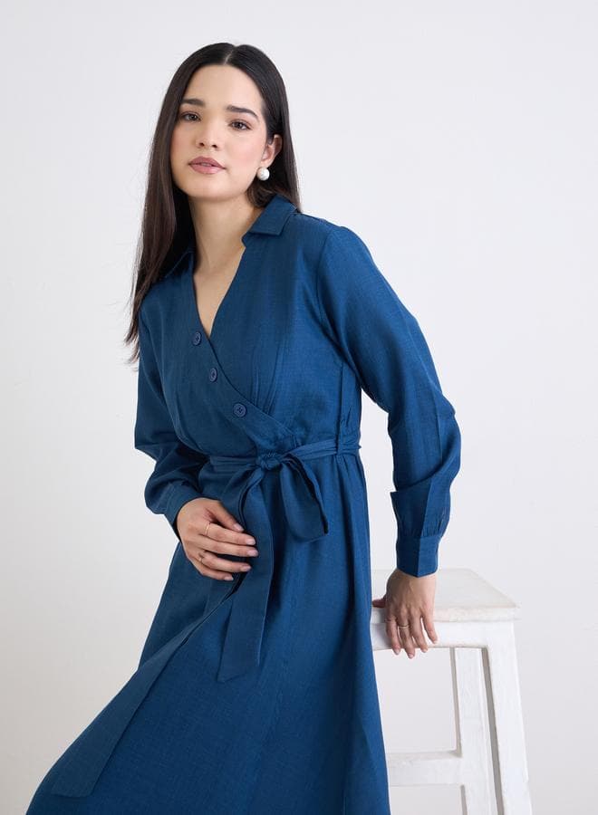 Styli Women Teal Plain Long Sleeves A-Line Midi Dress