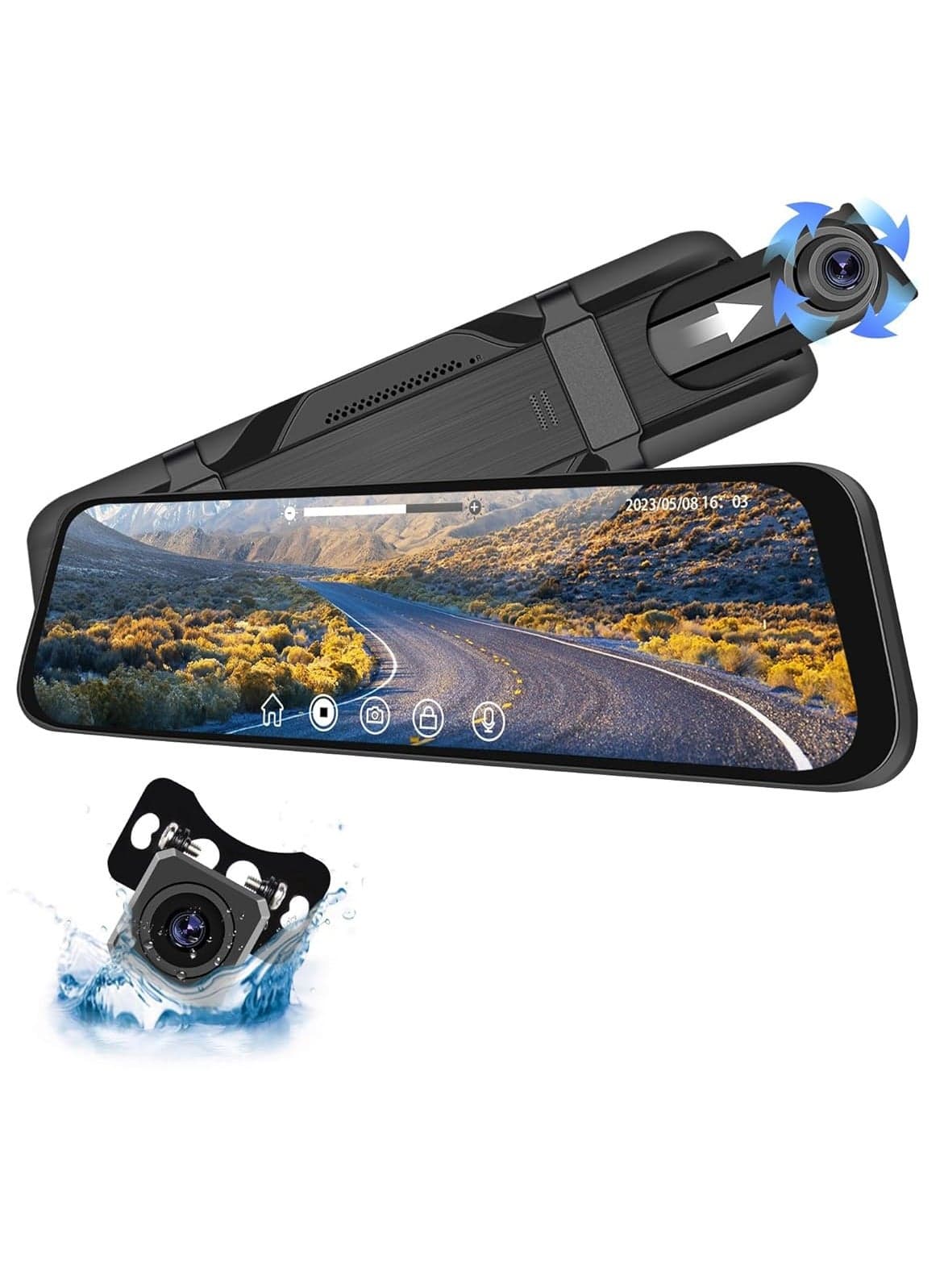9.66 Inch Rearview Mirror Camera, Front and Rear Camera, 1080P Backup Camera, Touch Screen, Dual Front and Rear Cameras/Night Vision/Sensor