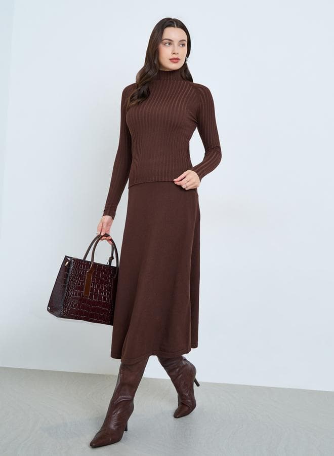 Brown High Neck Ribbed Long Sleeve Top
