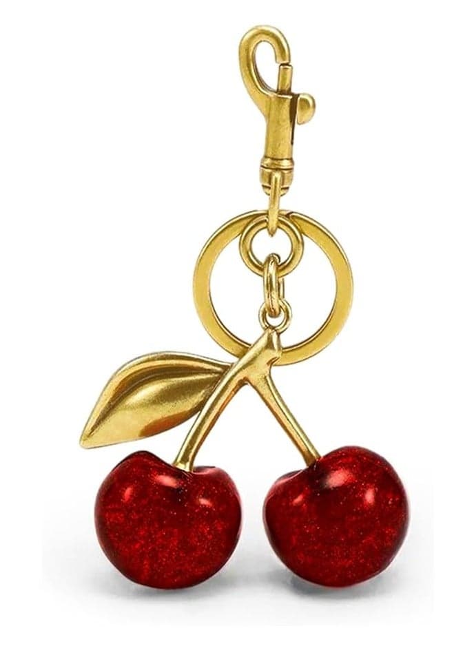 Glitter Cherry Bag Charm with Key Ring and Clip – Sparkling Resin & Metal Accessory for Purses and Bags