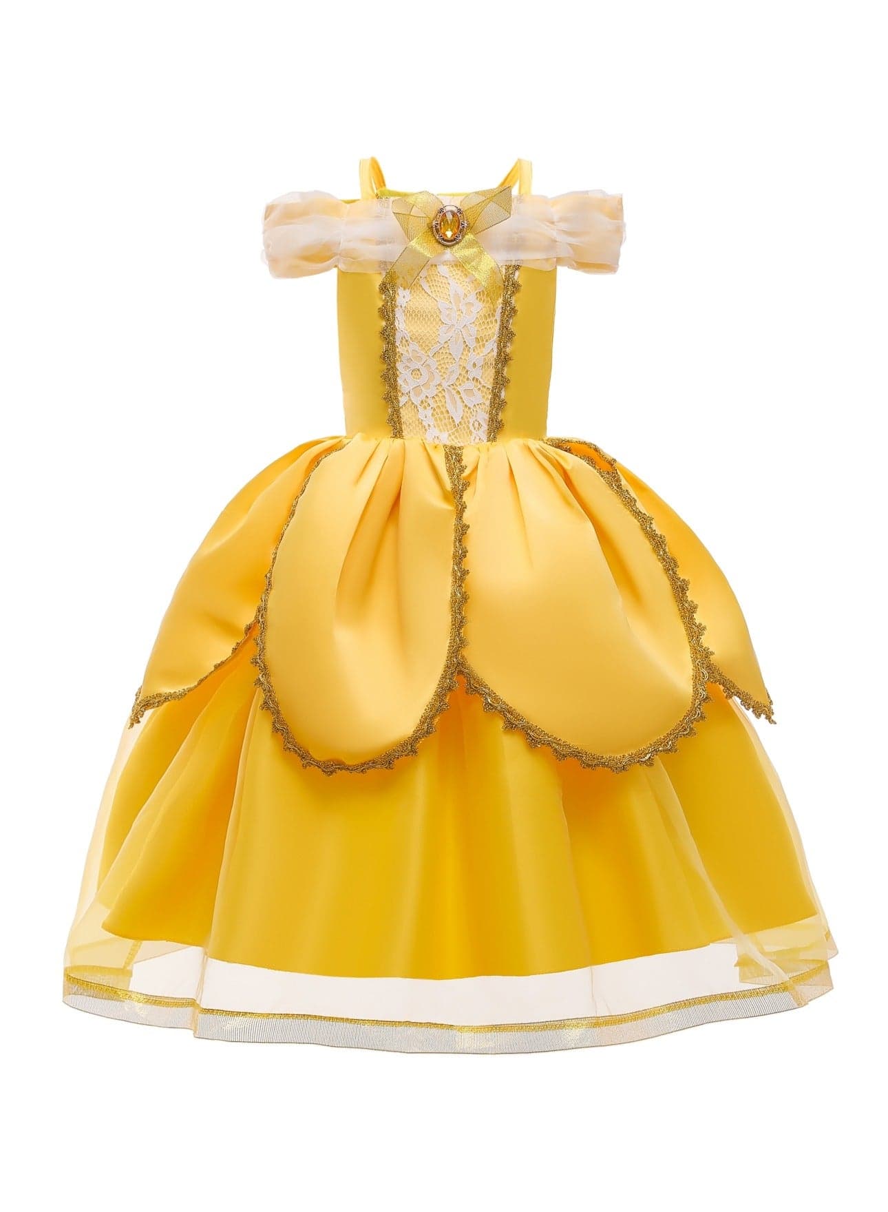 Girls Princess Dress Children Princess Cosplay Dress Kids Party Attire, 4 Layer Skirt Yellow Short-Sleeved Long Dress, Costumes for Girls Castle Princess Style, Height 90cm-160cm