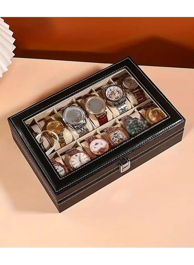 12-Slot Leather Watch Box Display Case – PU Leather Watch Organizer with Crystal Glass Lid & Soft Cushions – Luxury Storage for Men & Women.