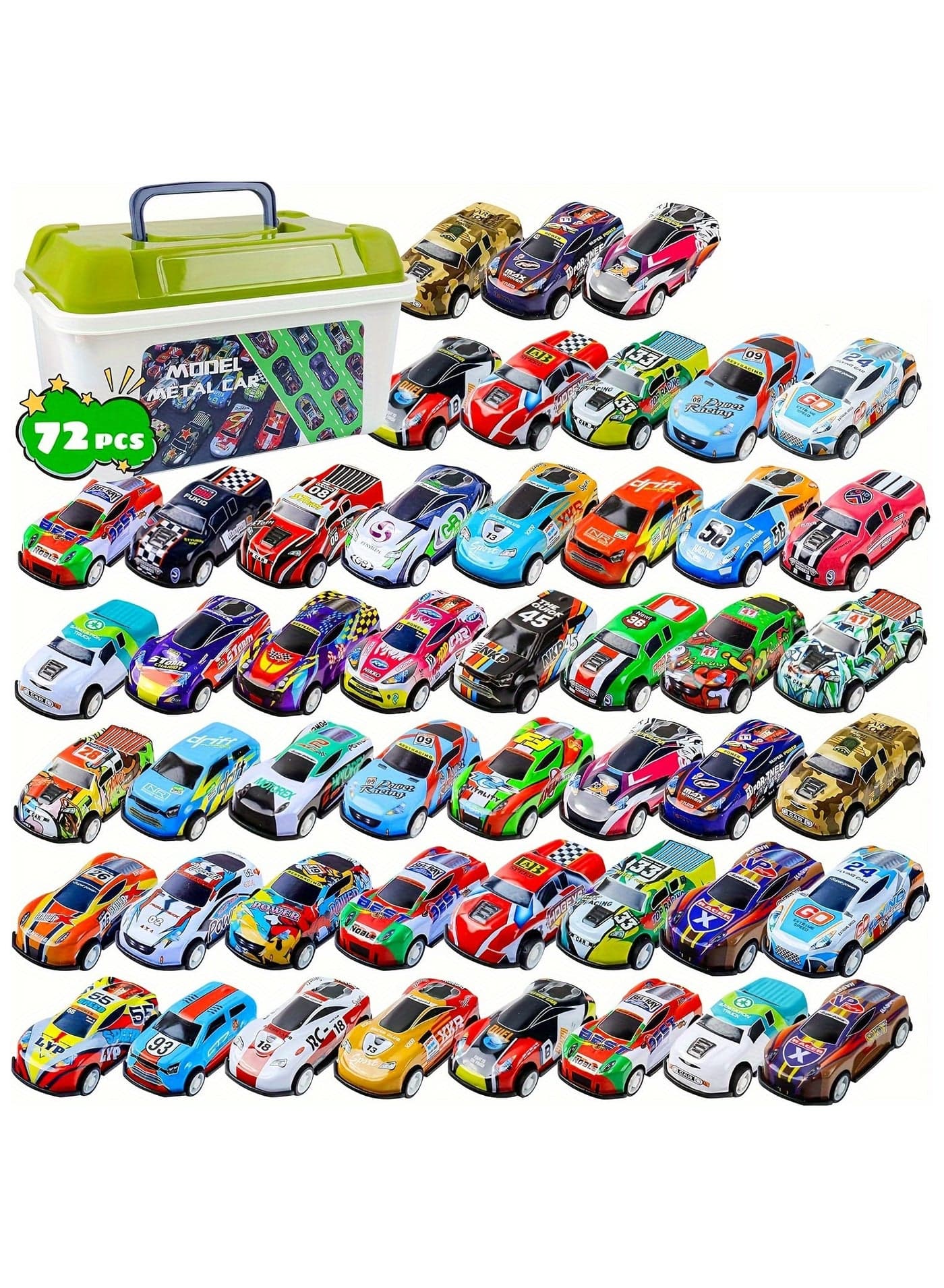 72PCS Pull Back Race Cars Toy with Storage Box Alloy Cast Race Push and Pull Back Car Friction Powered Vehicles,Suitable for 3 4 5 6 7 Year Old Kids Boys and Girls Gifts