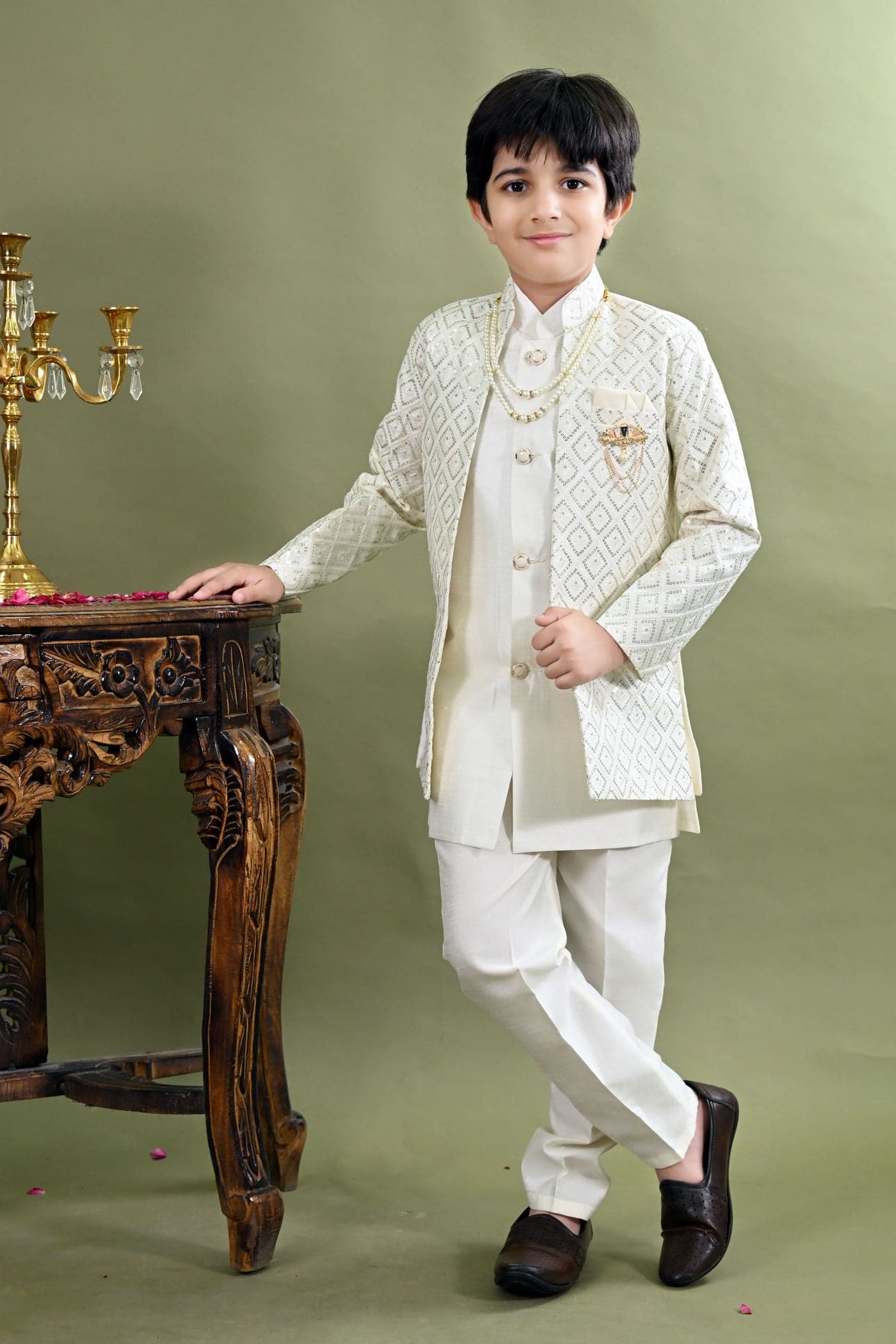Boys White Geometric Embroidered Sherwani Set