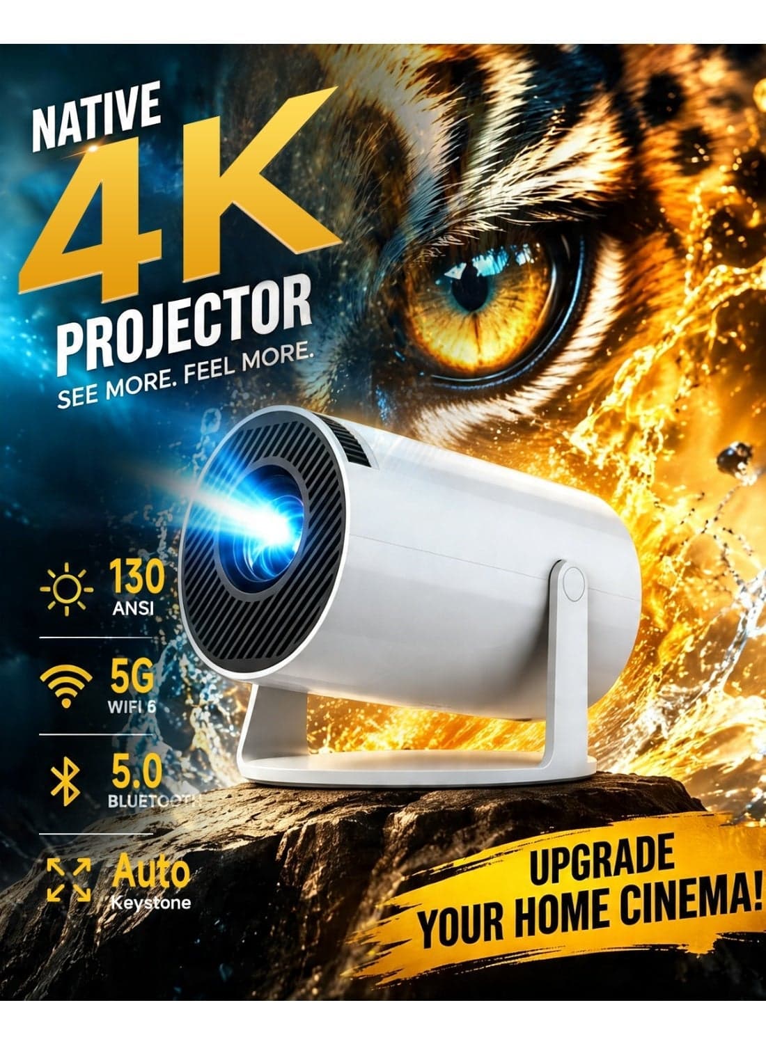 Projector 4K Full HD WiFi 6 Smart Theater, 180° Rotatable Portable Projector for Ceiling Movie, 4K Projector Support with Auto Keystone, Projector Mini for Bedroom & Outdoor Camping, Android 11, White