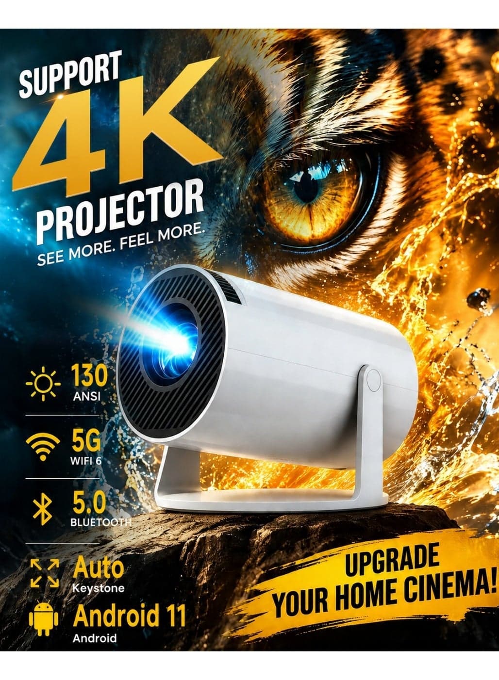 Smart Projector with WiFi 6 & Bluetooth, 180 Degree Rotatable Mini Projector for Bedroom, Portable Ceiling Projector with Auto Keystone, Movie Projector for Home Theater, Desert Camping, Kids Eye Care, White
