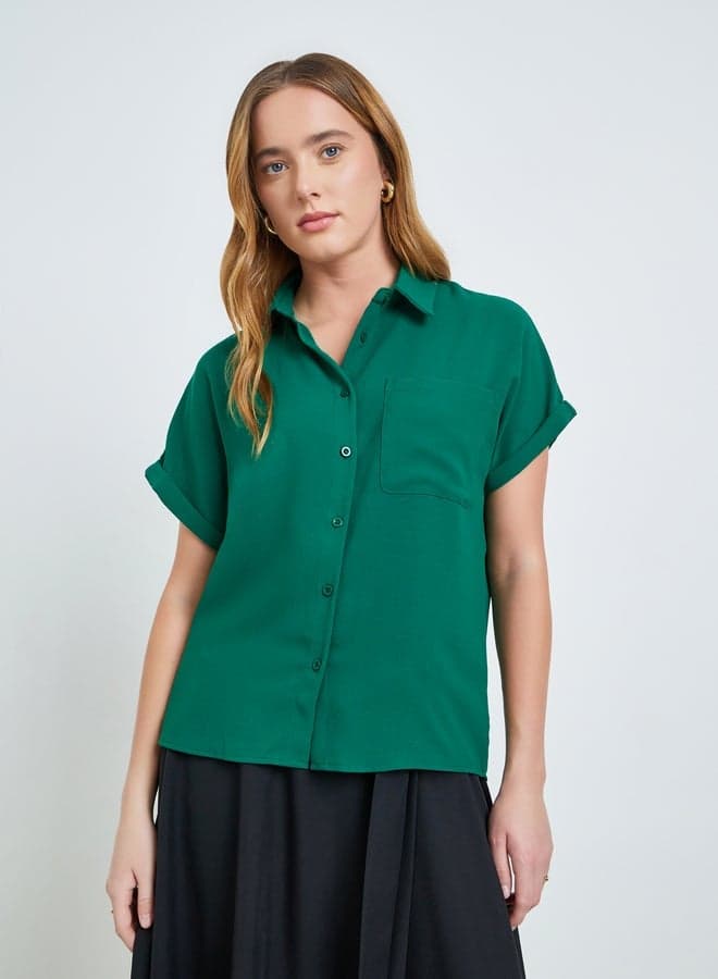 Green Solid Short Extended Sleeves Shirt with Pocket