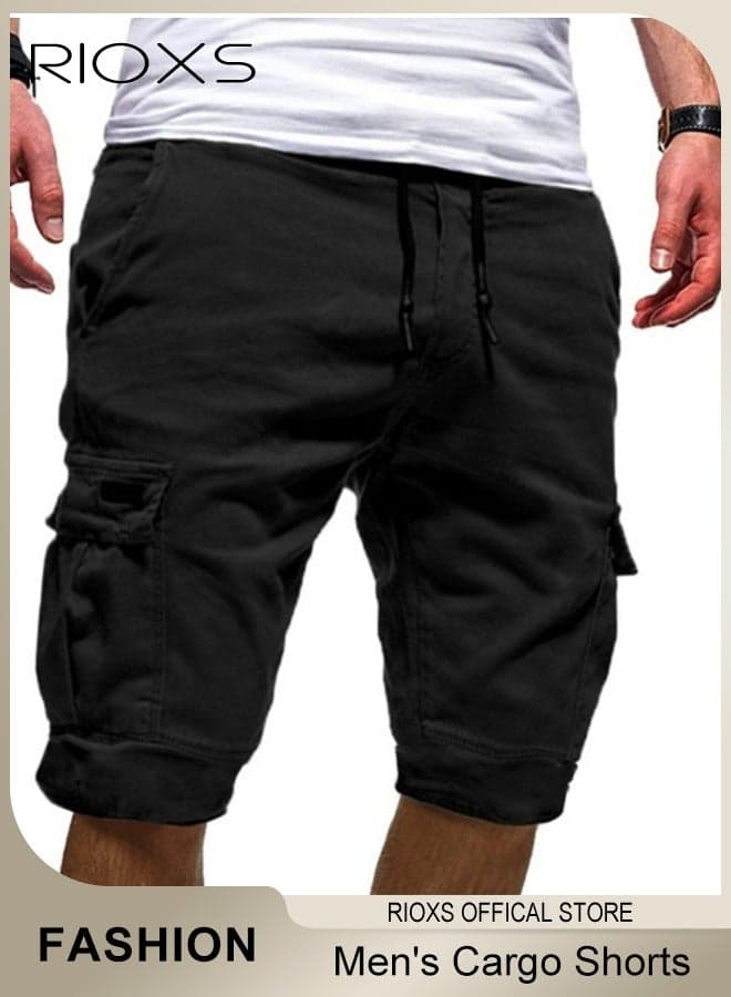 Cargo Shorts for Men, Elastic Waist Drawstring Classic Shorts, Mens Casual Cargo Short Pants, Stretch Knee Length Pants With Pockets, Comfy Breathable Athlesiure Shorts, Lightweight Men's Shorts for Work/ Sports/ Gym Daily Wear, Black Shorts