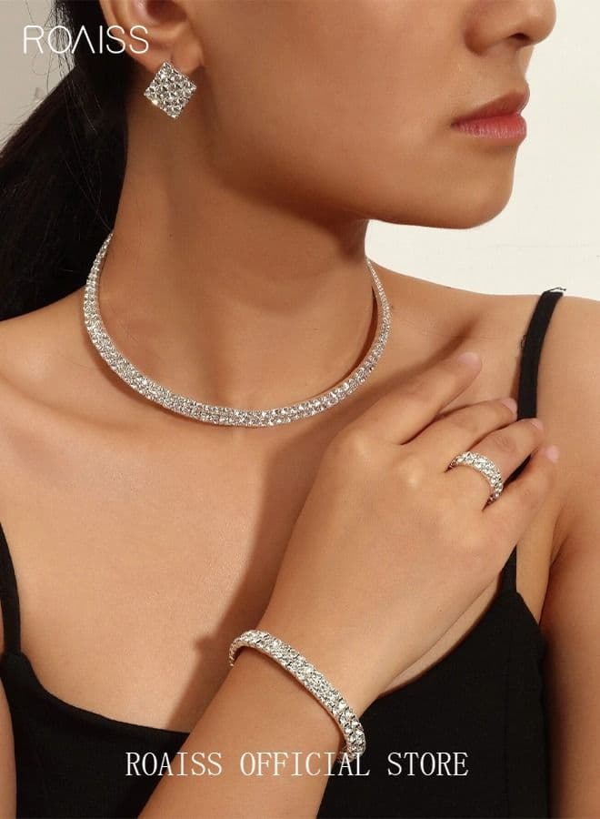 4 PCS Rhinestone Choker Bracelet Ring Earrings Studs Set Double Row Round Diamond Collar Necklace Bridal Evening Dress Accessories for Women Simple and Elegant Jewelry Set for Parties and Evening Banquets Silver