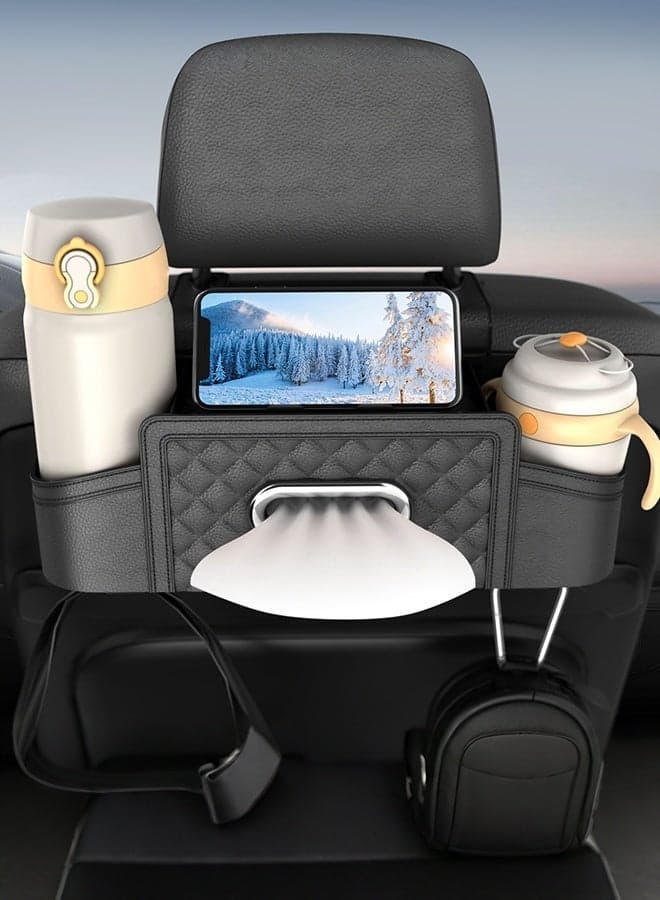 Car Back Seat Organizer Box, Multi-Function Leather Storage Bag with Tissue Holder, Cup Holder, Phone Stand & Hooks, Universal Car Seat Back Storage