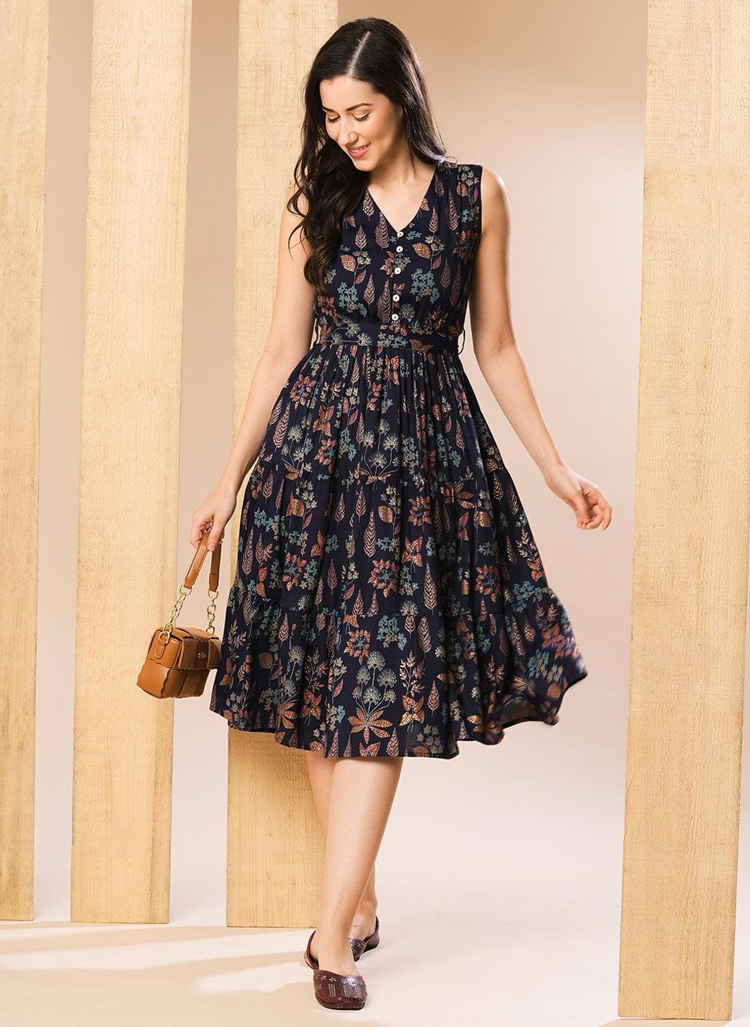 Globus Women's Navy Floral Ethnic Dress with V Neck and Sleeveless Design