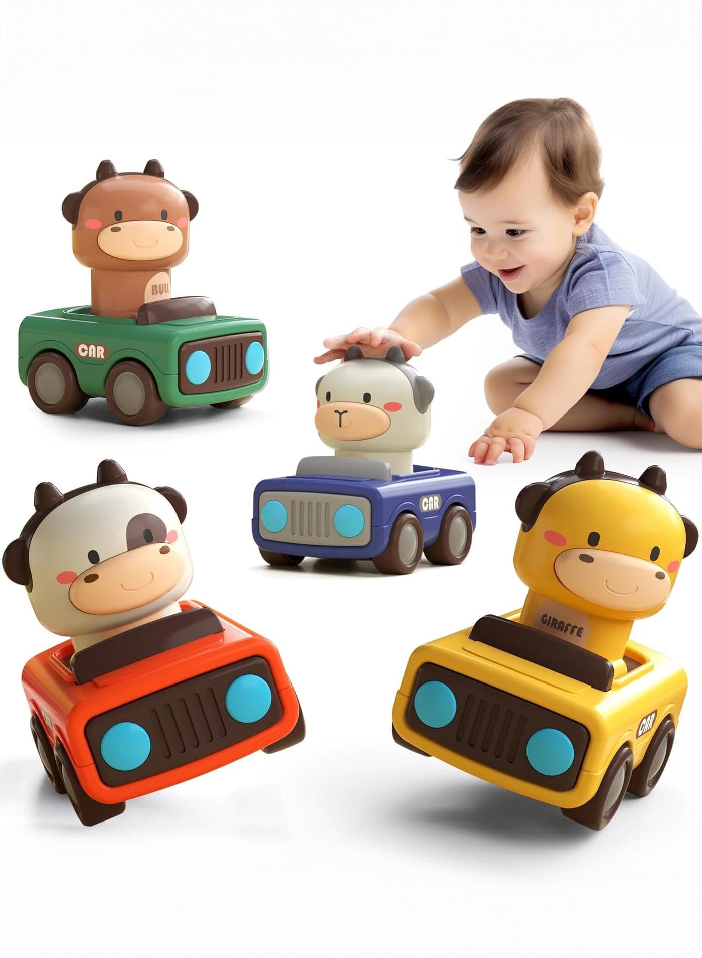 4 pieces press to Go Car Toys for Toddlers 1-3,Baby Animal Racing Cars,Infant Play Vehicle Set,Suitable for baby toy car aged 6-9-12-18 months,1st Birthday Gifts for 1-2 Years Old Boys