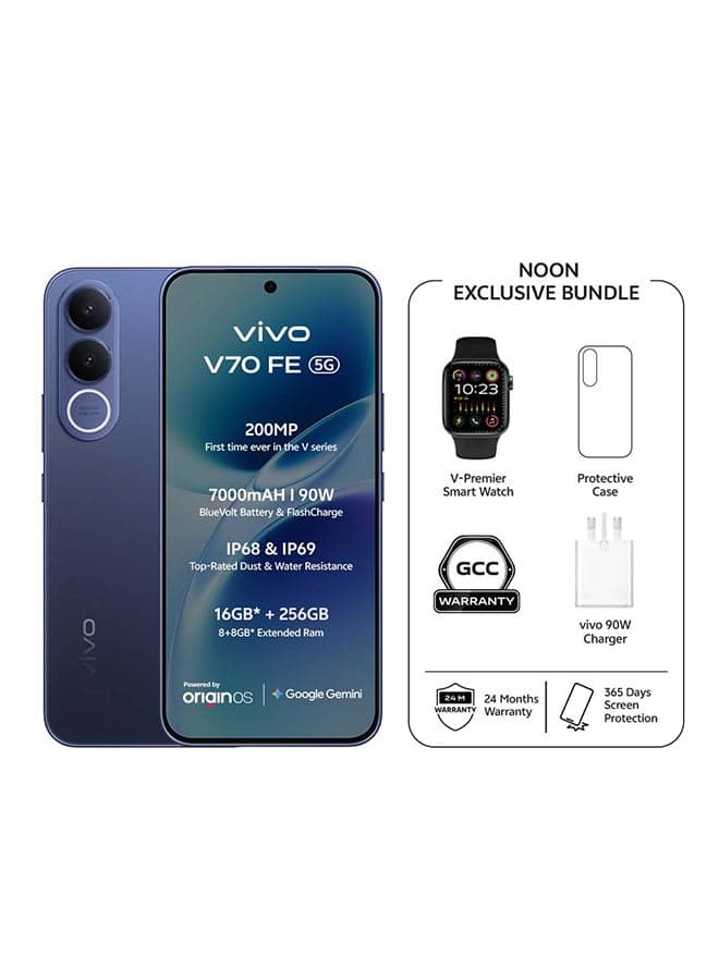 V70 FE 5G AI Dual SIM Ocean Blue 8GB 256GB With Exclusive Gifts: Smart Watch 90W Charger, Protective Cover, 4-year free battery replacement And 24 Months Warranty + 1 Year Screen Replacement - Middle East Version
