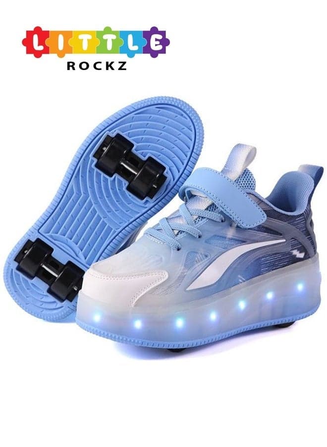 Kids Four Wheel Roller Shoes Rechargeable LED Flash Light Sneaker Skate Heelys Shoes Blue