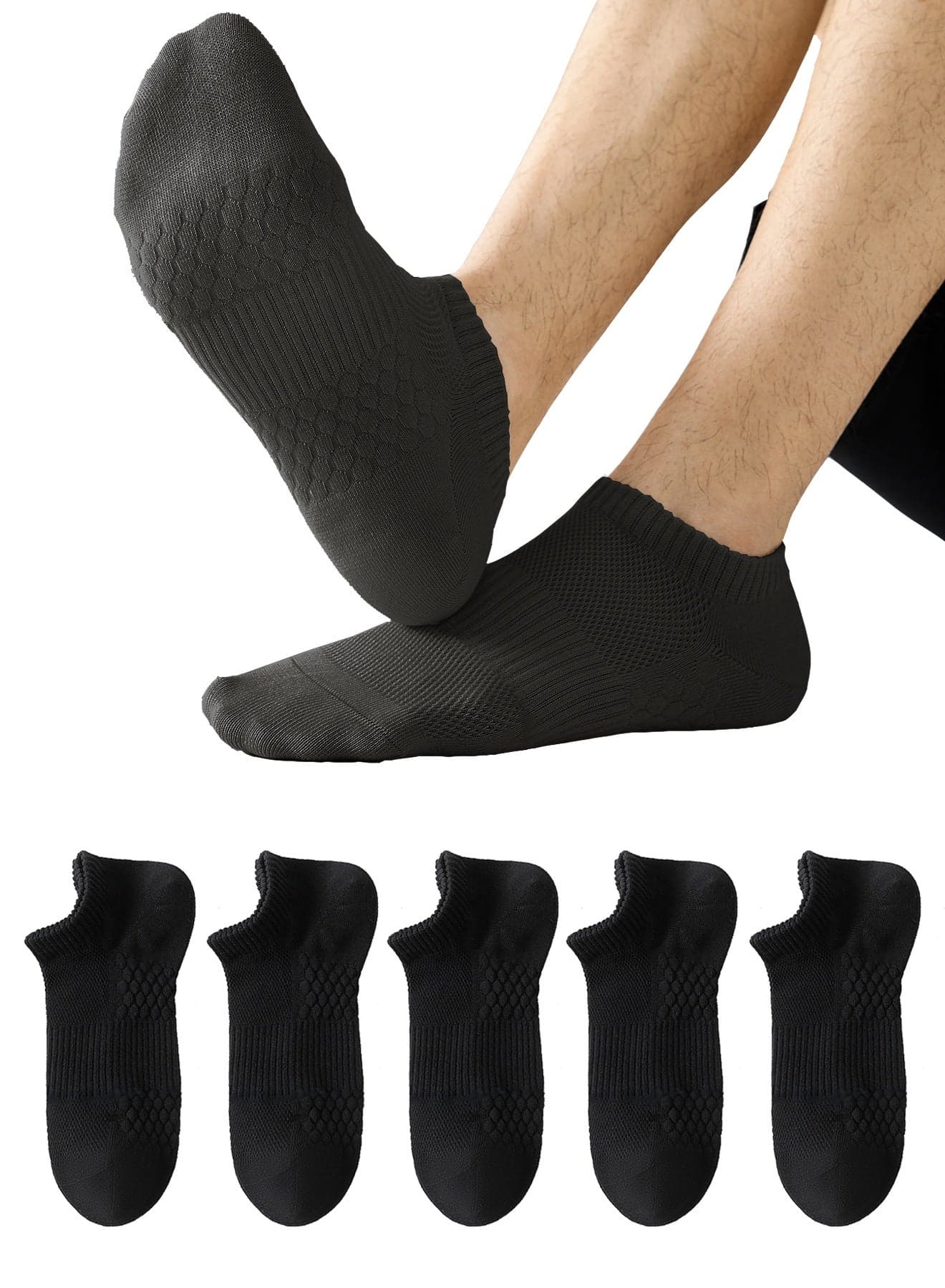 Men's Ankle Socks 5-Pack - Summer Mesh Breathable Socks with 7A Antibacterial Technology, Moisture Wicking, Anti-Slip Massage Sole