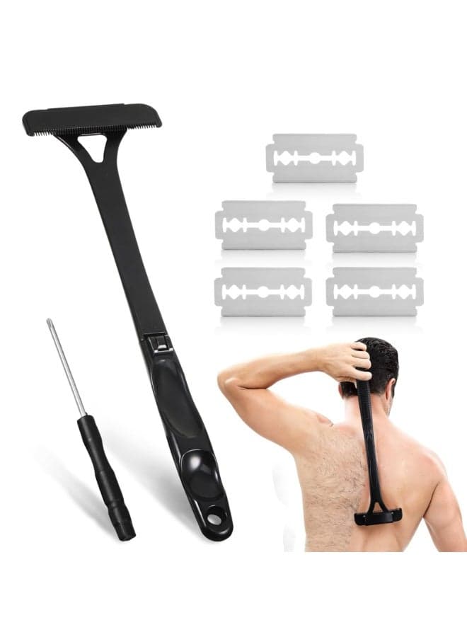 Back Razor, Back Shavers for Men, Back Hair Shaver Removable Back Hair Remover with 5 Blades Manual Back Shaver Men's Body Razor Foldable Back Hair Removal Razor for Rear Legs and Hands