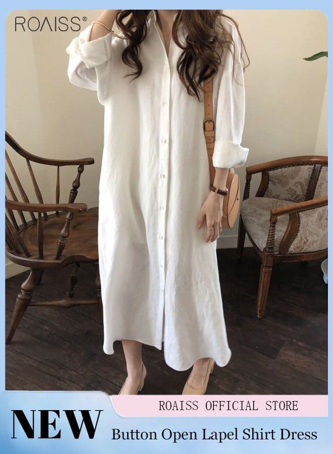 Women's Casual Cotton Shirt Dress Classic Polo Collar Long Sleeve Button Open Closed Shirt Cardigan Loose Sunscreen Solid Color Dress