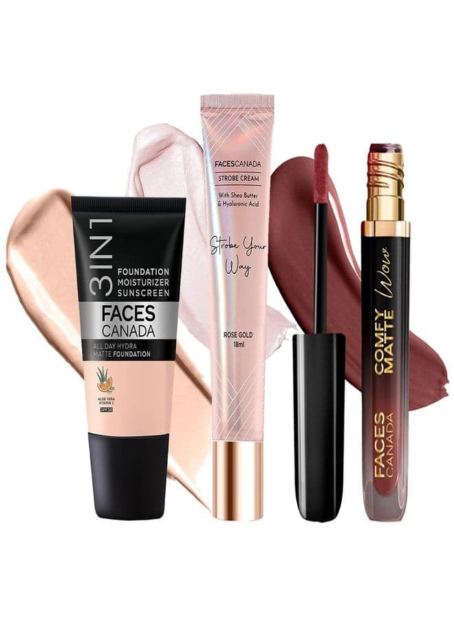 FACES CANADA Celeb Glow Combo | Strobe Cream - Rose Gold, 18ml + Hydra Matte Foundation - Rose Ivory, 18ml + Comfy Matte Wow - Cocoa Crush, 3.8ml | Highlighter | Highly Pigmented | Pack of 3