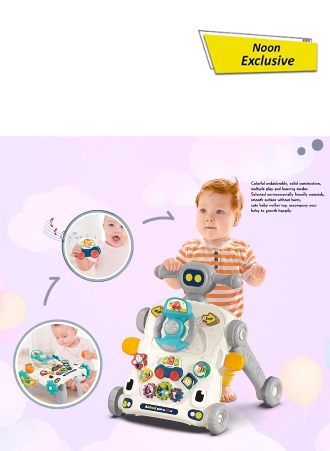 3-In-1 Baby Walker With Detachable Activity Panel & Game Table | Adjustable Speed, Music, Light, Gears & Car Toy | Grey Toddler Walker For Early Walking Practice & Play