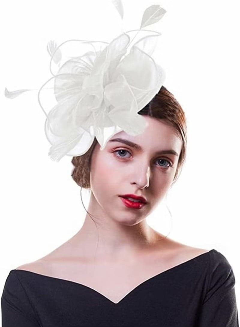 Fascinators Hat Tea Party Headwear Ribbons Feathers with a Headband and a Hair Clip, Women Elegant Hat Tea Party Royal Banquet Hats Hair Clip for Girls and Women, White