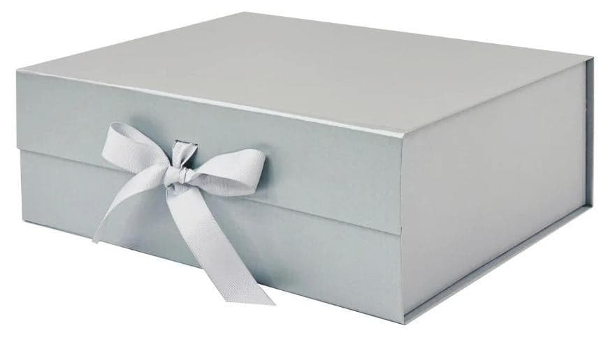 Luxury Magnetic Gift Box, Silver Medium Gift Box with Ribbon, Folding Gift Box for Presents With Magnetic Lid, Suitable for Festival, Birthday, Anniversary, 26x19x8 cm