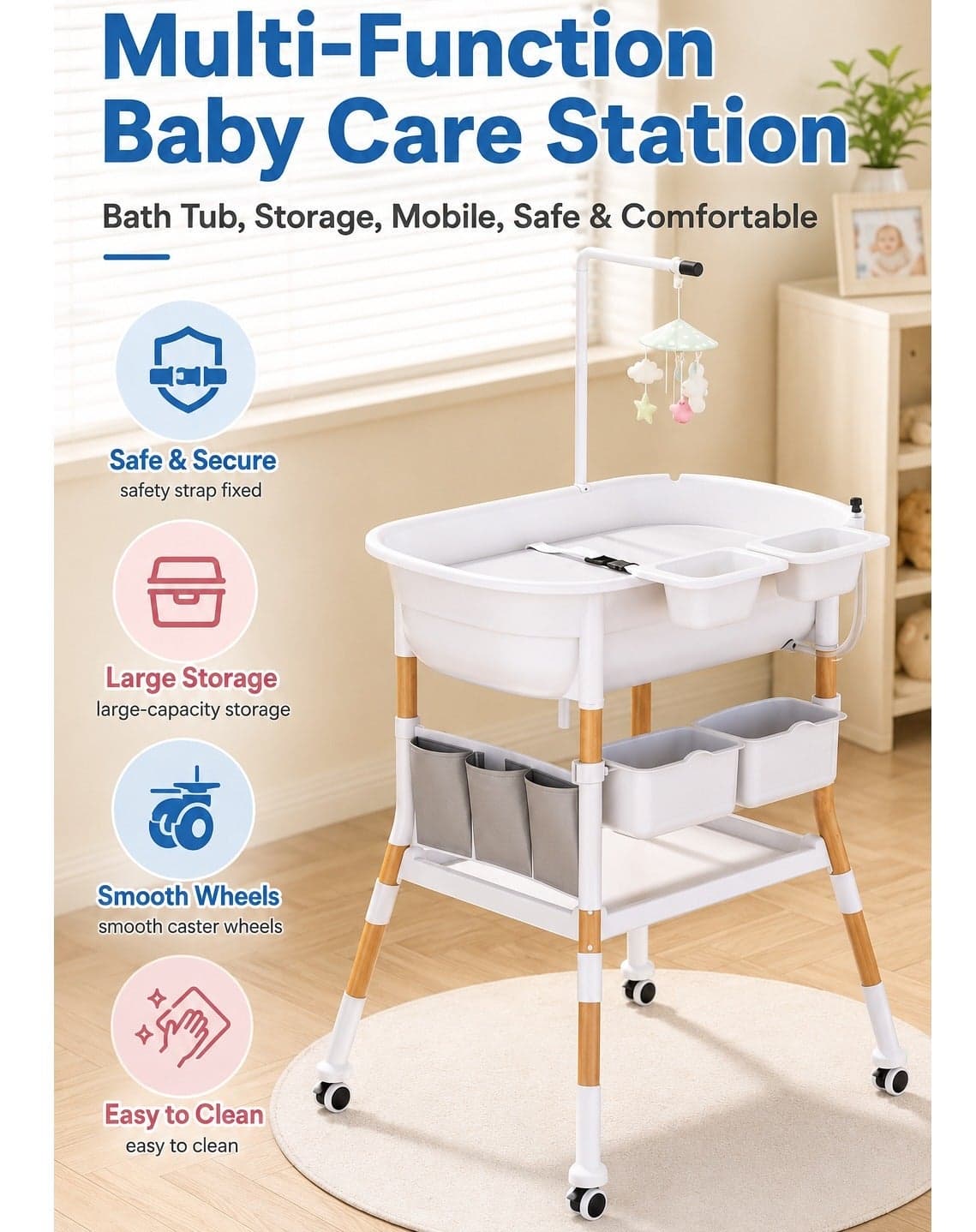 2-in-1 Baby Care Station with Bath Tub and Diaper Changing Table, Height Adjustable Newborn Bath Basin with Wheels, Hanging Mobile, Safety Strap, Storage Baskets and Lower Shelf for Infant Daily Care