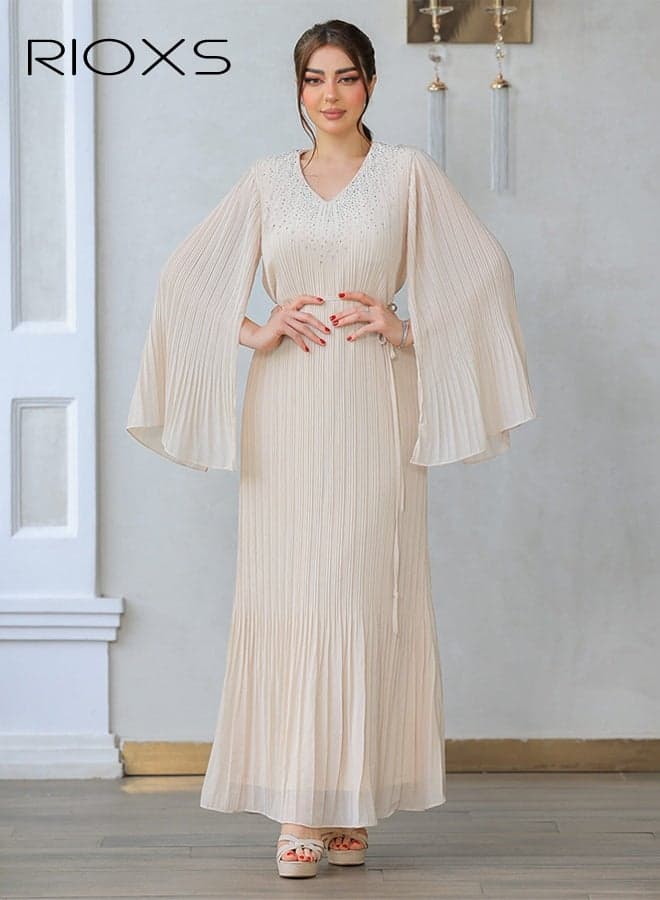 Women's Dresses, Chiffon Diamond Ironing Pleated Long Dress, Classic Muslim Abayas for Women, Stylish Ladies Saudi Arabia Muslim Robe, Elegant Evening Dress Maxi Dresses, Lady's Dress for Parties Festival and Special Occasions, Beige Flowy Dresses