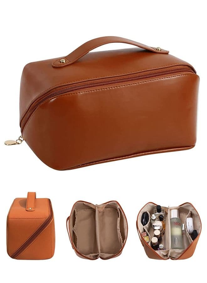 Large-Capacity Travel Cosmetic Bag Portable Makeup Case Travel Wash Bag Waterproof Leather Makeup Bag Everyday Use Multifunction Toiletries Organizer Storage Bag (Brown)