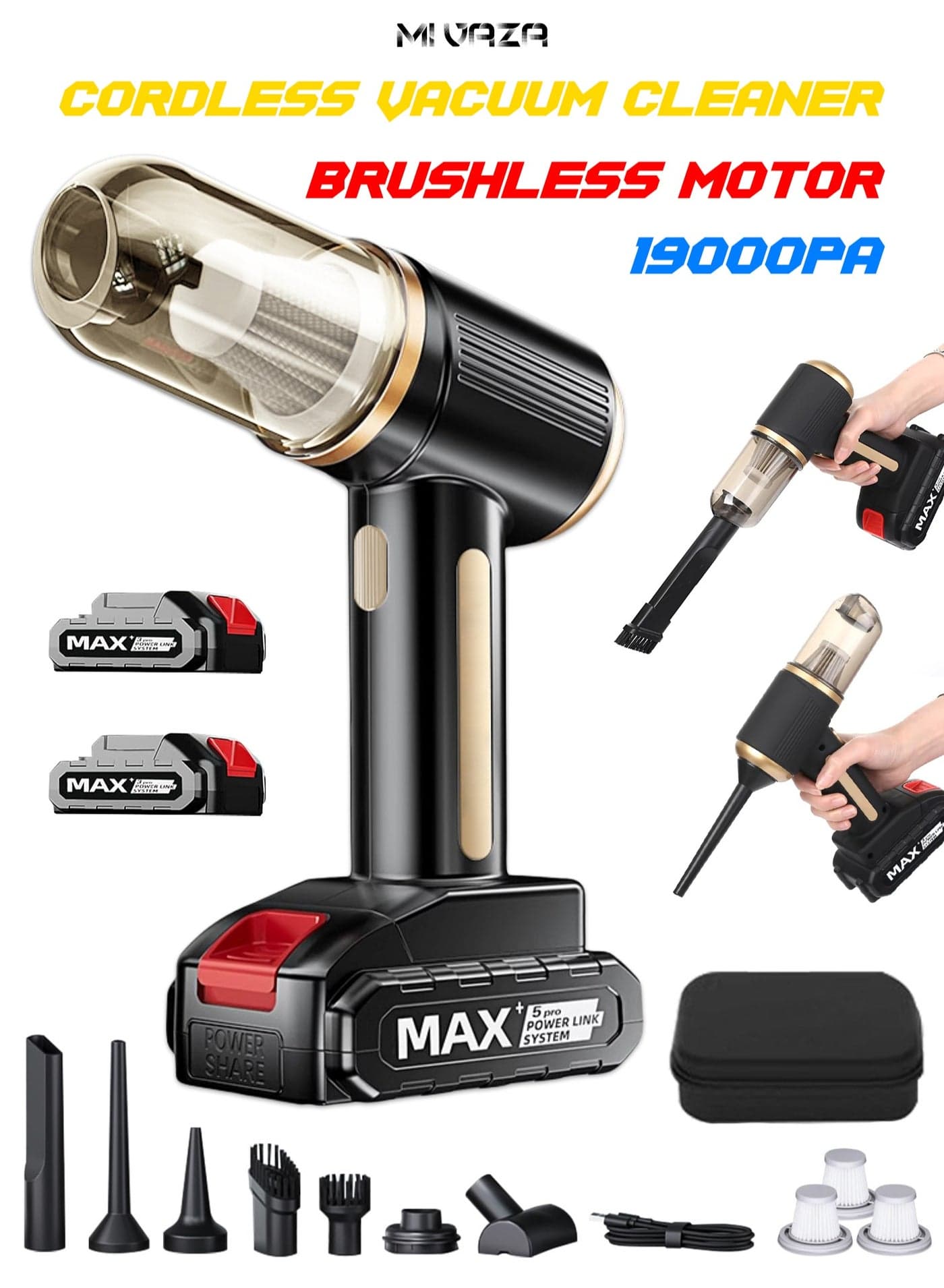 Car Cordless Vacuum Cleaner - Brushless Motor - 19000Pa Portable Electric Broom - Comes With Storage Bag and Two Batteries - Air Blow - Inflator - Handheld Vacuum Cleaner - Suitable for Home, Office, Kitchen, Outdoor