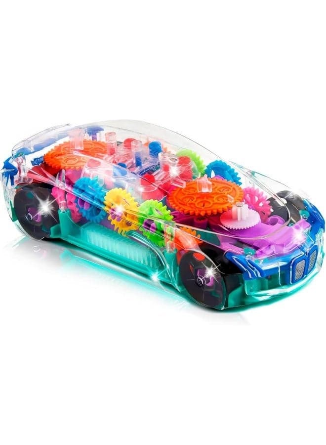 Transparent Gear Concept Car, Art Creativity Light Up Transparent Sensory Car Toy for Kids, Bump and Go Toy Car with Colorful Moving Gears, Music, and LED Effects, Toys for Toddlers, Great Birthday Gift Idea, 18.2X8X5.6cm
