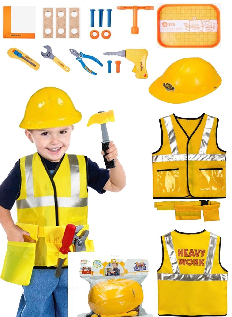 Construction Worker Costume for Kids, Dress Up Clothes for Play Toddler Builder Career Outfit Pretend Role Play, Birthday Gifts for 3 4 5 6 Year Old Childrens