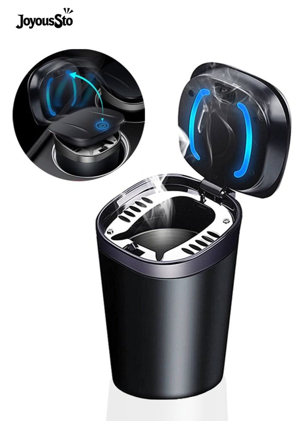 Car Ashtray with Lid Smell Proof, Smokeless Ashtray, Mini Car Trash Can, Detachable Stainless Steel Ash Tray with Lid and LED Blue Light