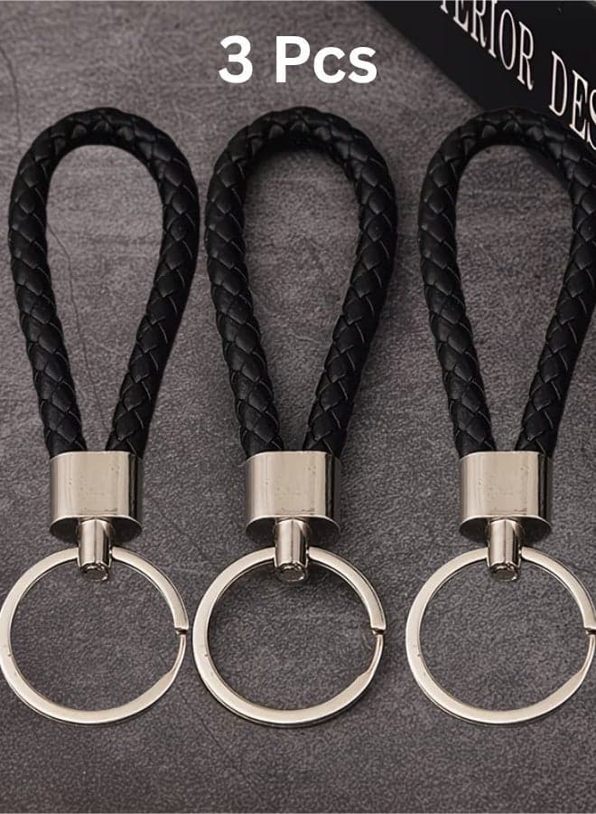 3-Piece Black Leather Keychain Set | Braided Cord Knot Pendants with Aluminium Alloy Chain